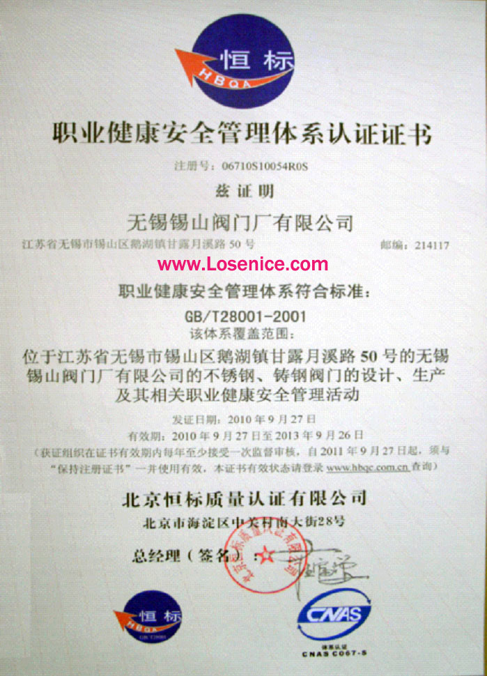 無錫錫(xī)閥GB/T28001-2001